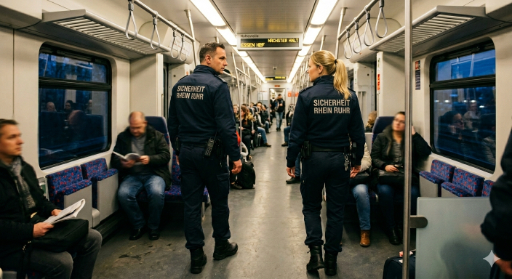 Sicherheit Rhein Ruhr im Innenraum eines Zuges: zwei Mitarbeitende mit dunkelblauen Jacken und Aufdruck „SICHERHEIT RHEIN RUHR“