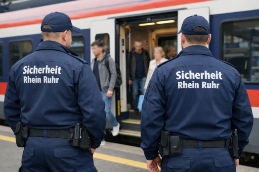 Zwei Sicherheitskräfte in dunkelblauer Uniform mit Schriftzug „Sicherheit Rhein Ruhr“ auf dem Rücken, vor einem Zug am Bahnsteig.